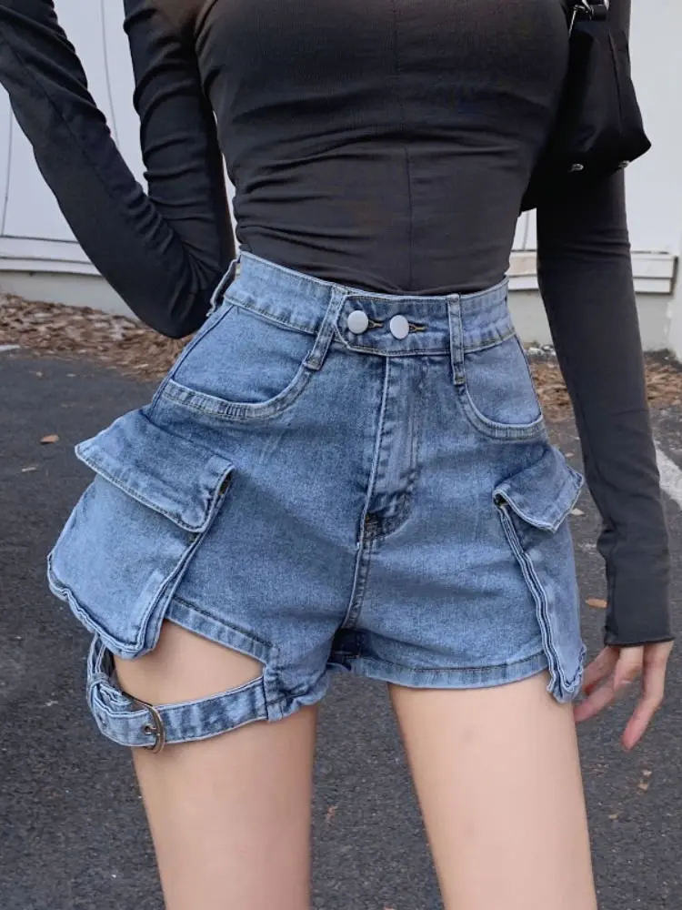 Y2K Summer Women Vintage Streetwear Korean Denim Shorts High Waist Knee Length Wide Leg Baggy Cargo Short Pants Harajuku Clothes