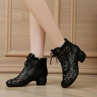 new retro style soft leather women boots 2022 summer mid heels sandals shoes side zip female footware black brown fashion hollow
