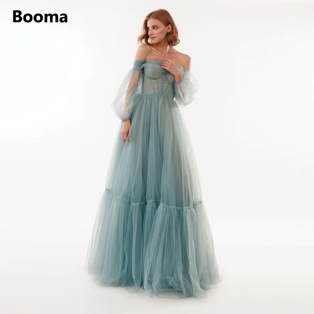 Booma Dusty Blue Tulle Maxi Prom Dresses Off the Shoulder Long Sleeves A-Line Party Gowns Bow Back Lace Up Formal Women Dresses