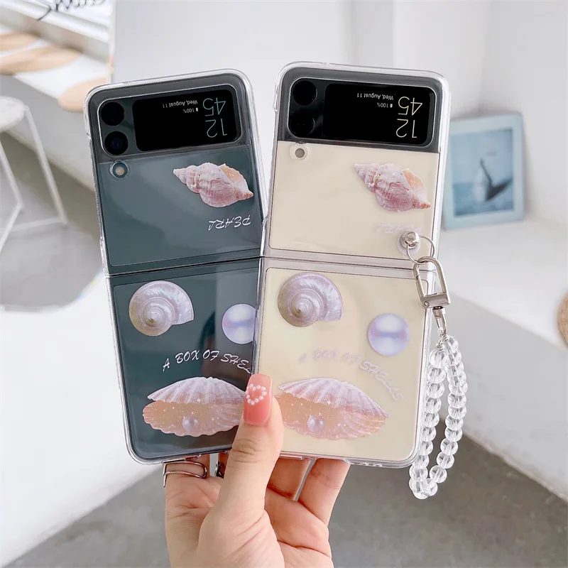 

Conch Shells Pearls Chains Phone Case for Samsung Galaxy Z Flip 3 Hard PC Back Cover for ZFlip3 Case Protective Shell