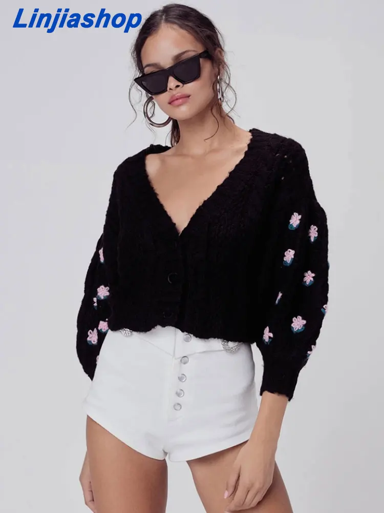 

Autumn Winter Fashion Black Knit Cardigan 2022 New Vintage Cute Casual Hand Embroidered V-Neck Short Sweater Female Chic Top