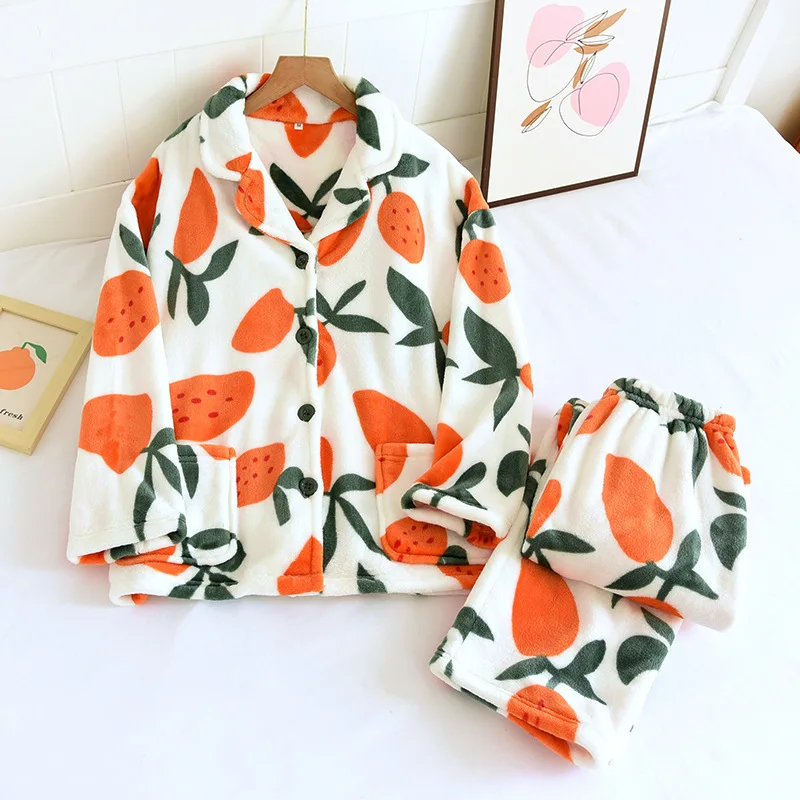 New Women's Pajamas Set Warm Flannel Orange Print Sleepwear Casual Homewear V Neck Nightwear For Female Autumn Winter Pajama