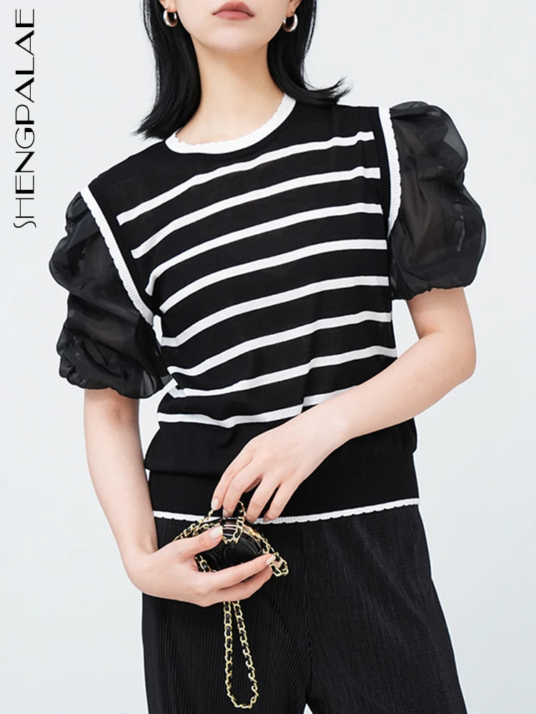

SHENGPALAE Fashion Striped Women's Sweater Autumn 2023 New Mesh Puff Sleeve Patchwork Round-neck Knitting Pullover Tops 5R5578