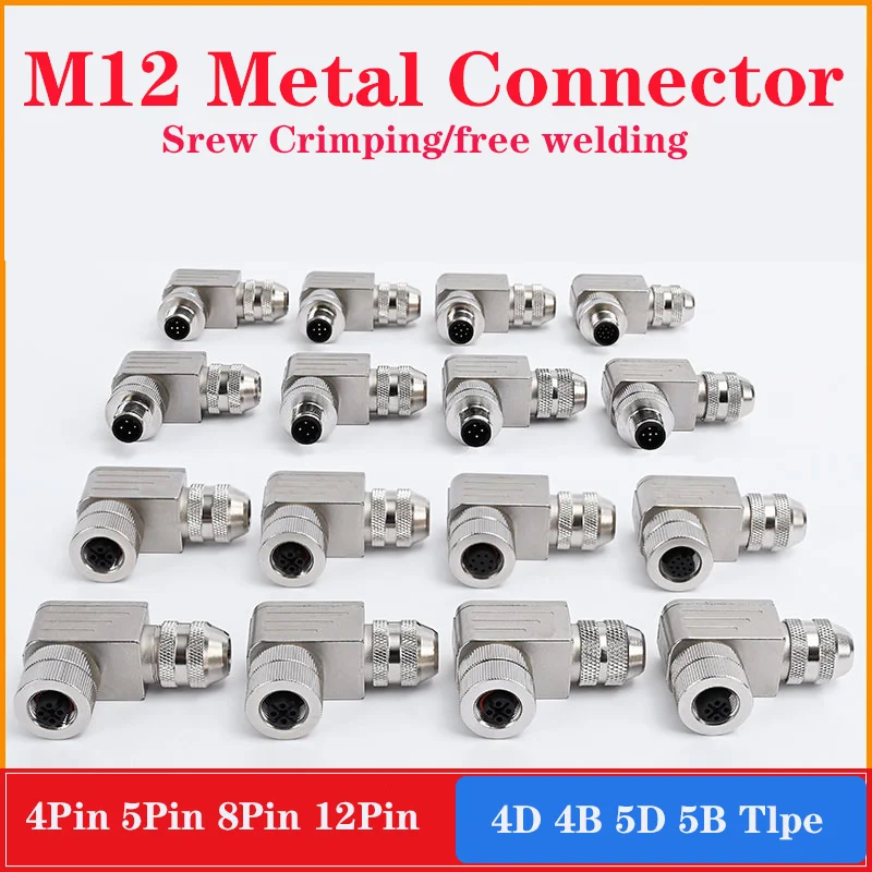 

M12 Metal Shielded Bent Plug Aviation Connectors 4 5 8 12Pin ABD Type Ethernet Industrial Profinet Aviation Plugs Elbows Encoder