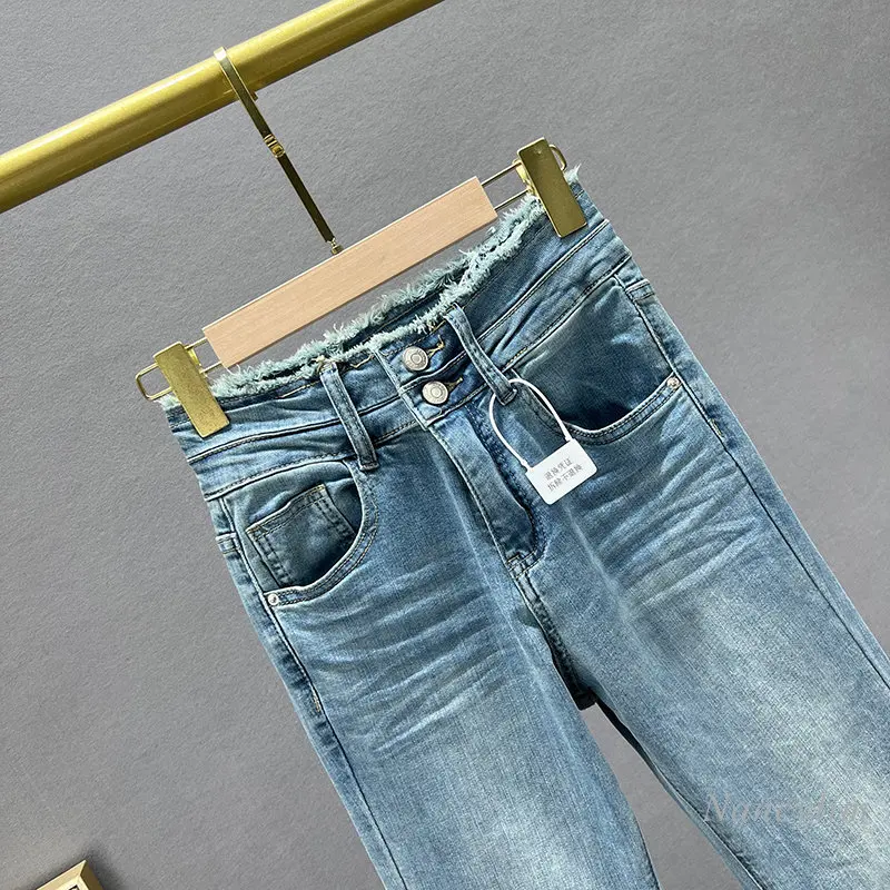 Rhinestone Denim Bell-Bottom Pants Women's Trendy 2023 New Spring Summer Stretchy High Waist Slimming Mop Pants Blue Jeans