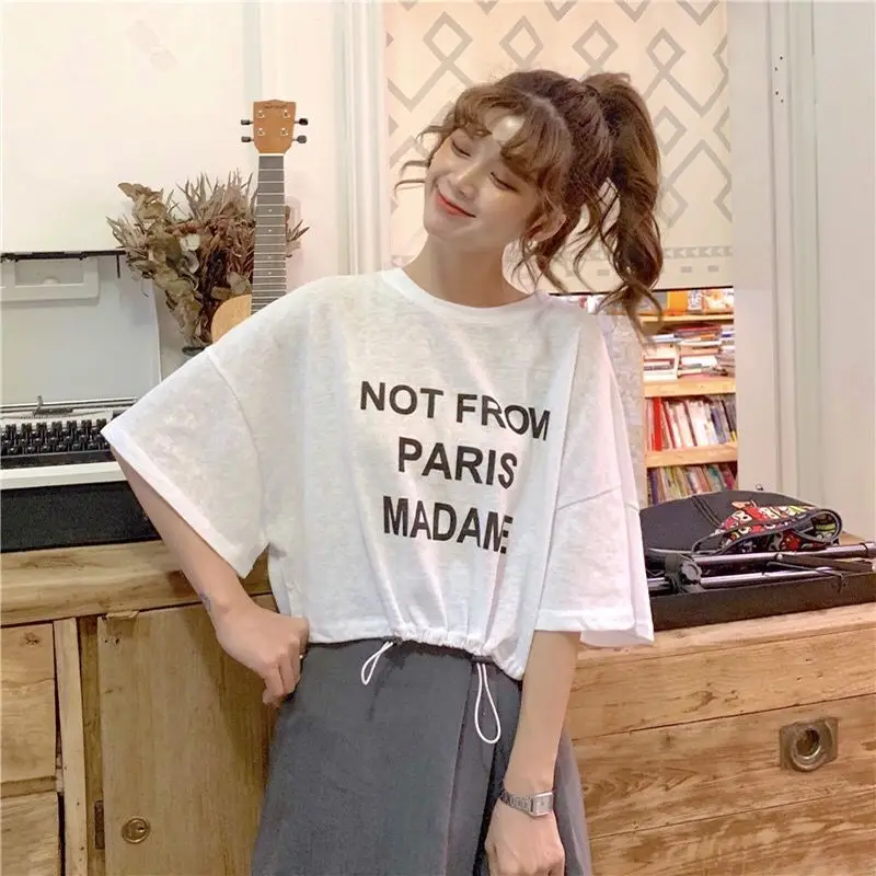 Однотонные Короткие топы с кулиской футболки летняя новая трендовая футболка