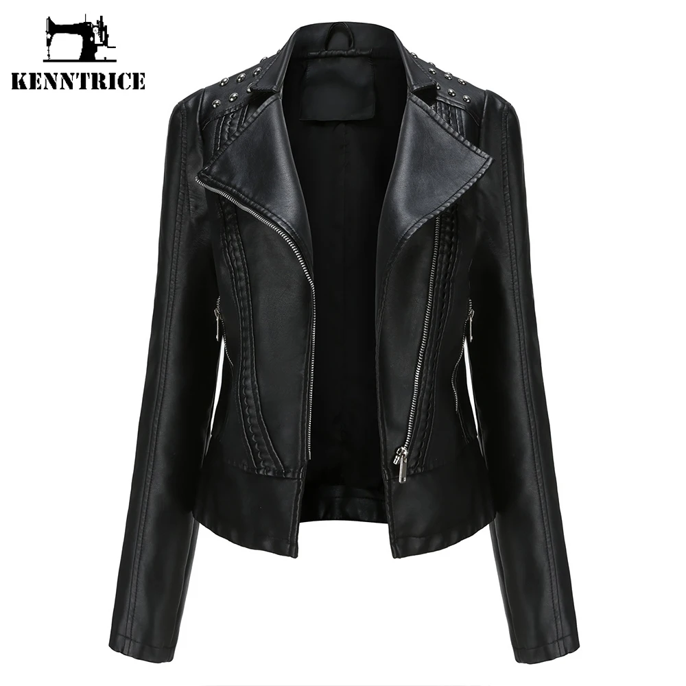 Kenntrice 2022 Women's Spring Jacket Slim Fit Thin Long Sleeve Leather Top Coats Lady Vintage Casual Biker Jacket Clothes