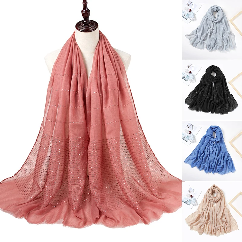 

Women's Tassels Long Shawls Muslim Hijab Scarves Islamic Fringe Headscarf Glitter Shiny Scarf Big Size Solid Color Muffler Wrap