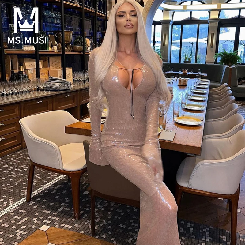 MSMUSI 2024 новое модное женское сексуальное платье с глубоким V-образным вырезом и