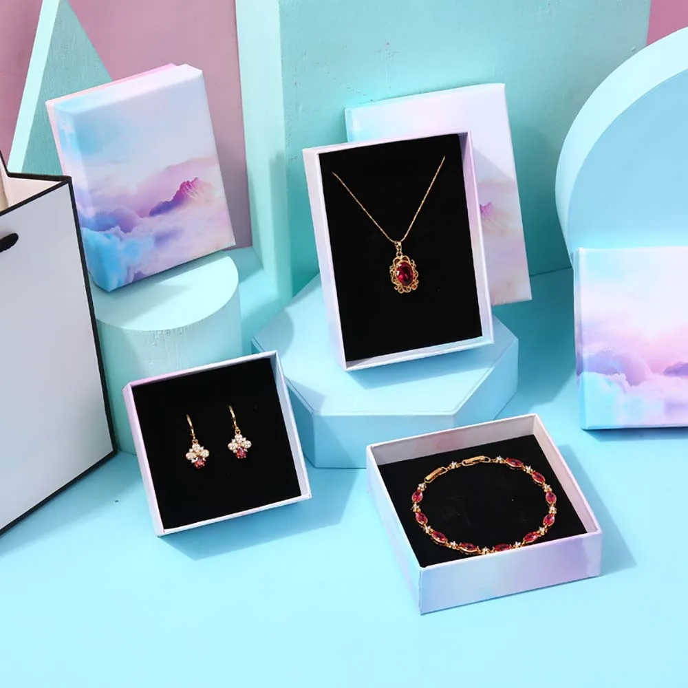 24Pcs Rectangle Packaging Jewelry Box Rainbow Cardboard Present Gift Boxes Case with Sponge Inside For Necklace Earrings Rings