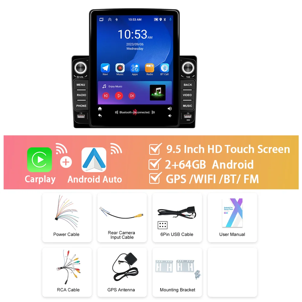 

Автомагнитола Podofo, 9,5 дюйма, 2 + 64 ГБ, 4 ядра, 2 ручки