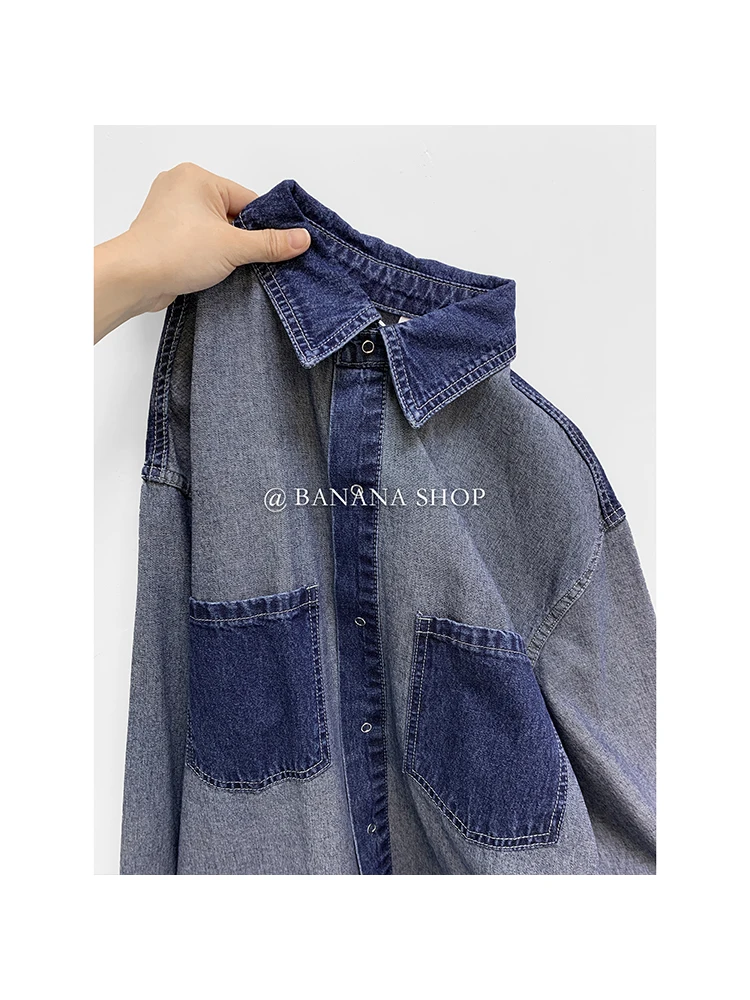 

2023 Spring Women Vintage Long Sleeve Oversize Denim Shirt Y2K Button Patchwork Single Breasted Blouses Tops Female Clothing