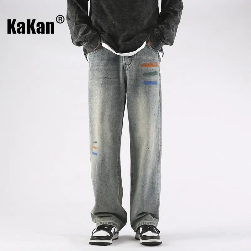Kakan - Spring/Summer New Speckle High Street Blue Jeans Men's Wear, Vintage Paint Graffiti Straight Leg Jeans K024-LQS933