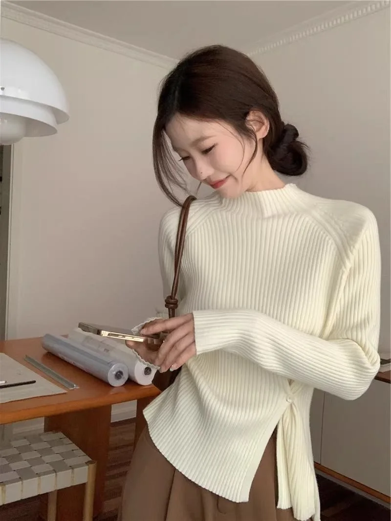 Сплошной цвет свитер женский полуводолазка вязаный пуловер Harajuku корейский