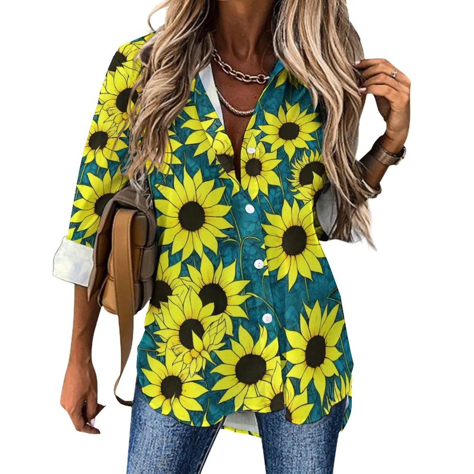 

Sunflower Print Casual Blouse Long-Sleeve Yellow Flowers Vintage Blouses Streetwear Oversized Shirts Design Top Birthday Gift