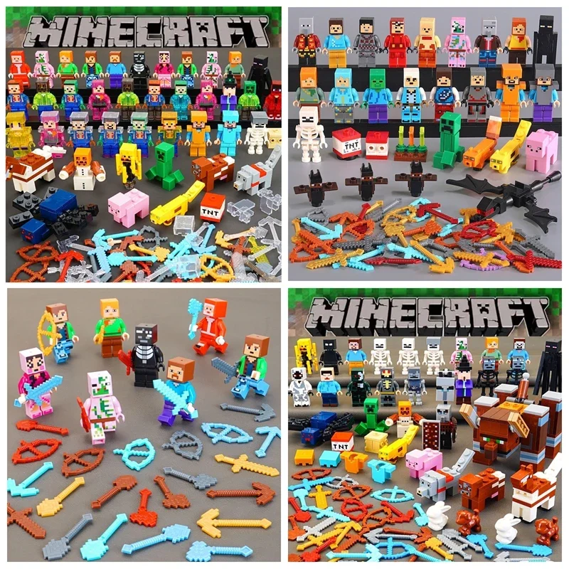 Фото Набор игрушек Minecraft: мини-фигурки из блоков, 8 шт., с оружием, вешалкой, фигуркой крипера, строительные блоки, куклы, детские игрушки. №1