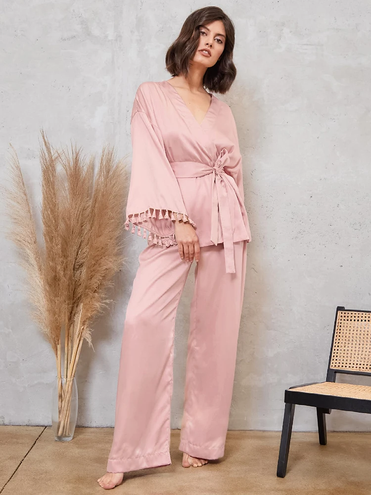 

Restve Tassel Women Robes With Sashes 2 Piece Set Pink Long Sleeve Home Robe Summer Casual Pants Solid Female Nightwear 2022