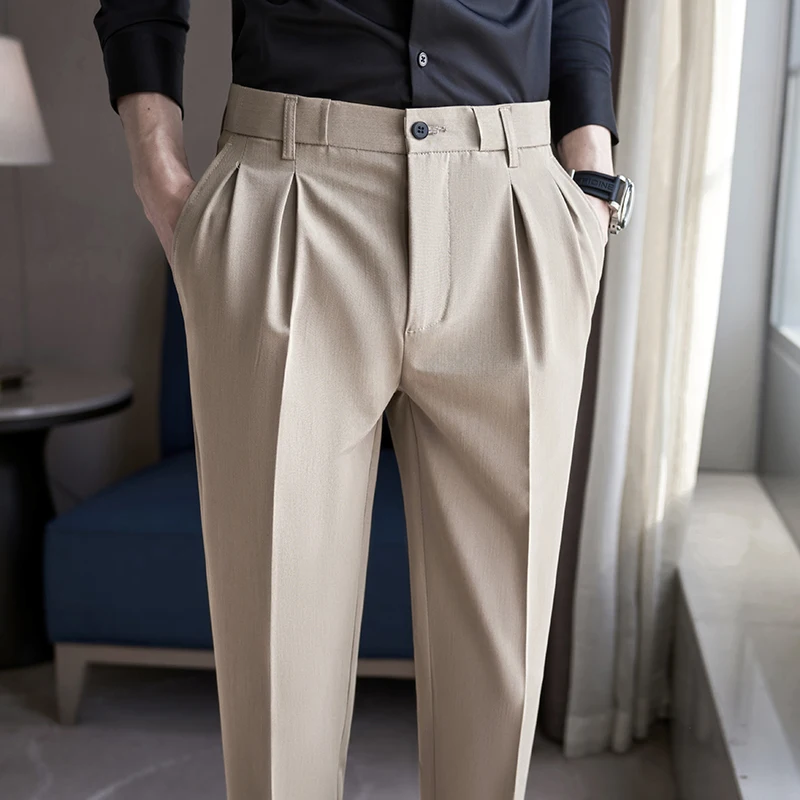 

Новинка Осень 2022, модные мужские однотонные деловые Костюмные брюки из чистого хлопка, мужские свадебные Костюмные брюки для жениха, мужски...