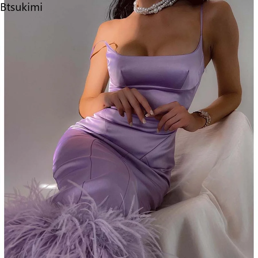 

New 2023 Sexy Club Dress for Women Purple Sling Long Feather Dress Ladies Birthday Cocktail Dress Satin Dress Vestidos Summer