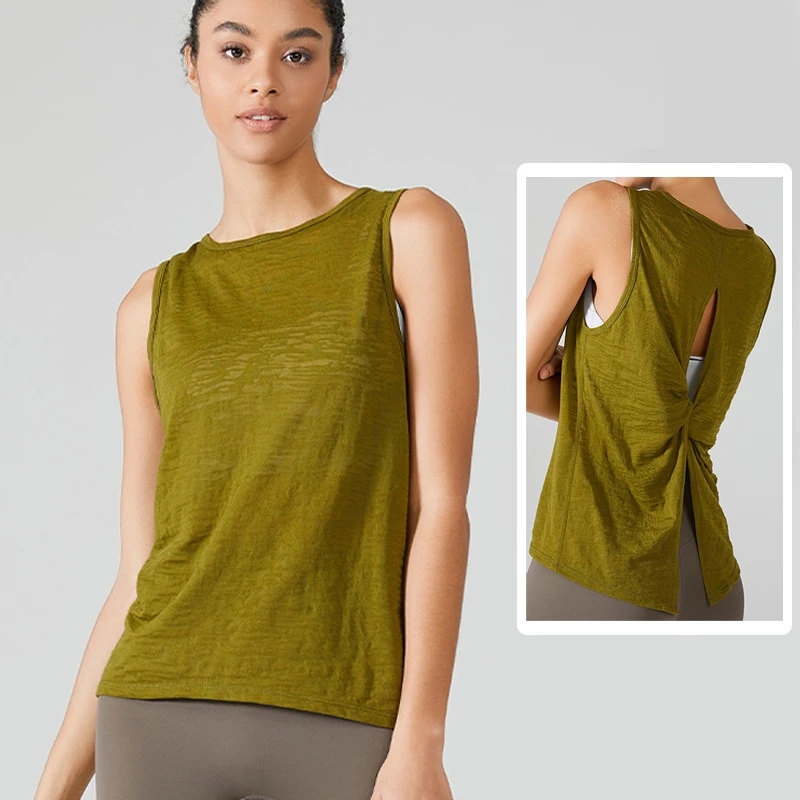 

Sleeveless Yoga Tank Top Women Breathable Jacquard Workout Running T-Shirt Sexy Openwork Back Quick Dry Gym Vest Sportswear