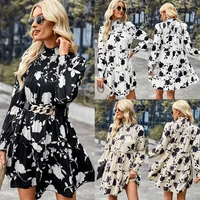 2022 autumn and winter new high neck sexy long sleeved printed elegant long skirt loose dress casual high waist party long skirt