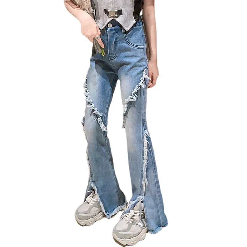 

Весенняя модная одежда для подростков дизайнерские расклешенные брюки с необработанными краями уличные повседневные джинсы для девочек д...