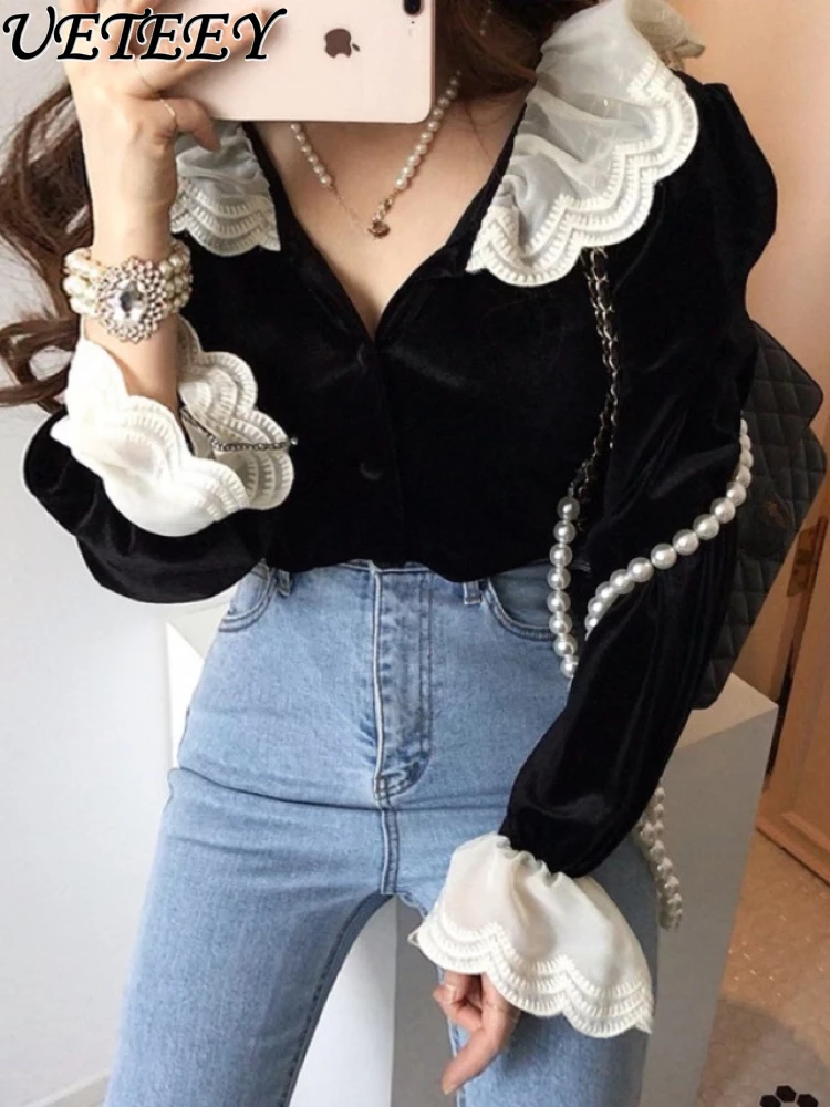 

Lace Stitching Velvet Shirt Women's Korean Chic Spring French Style High Sense Youthful-Looking Bell Sleeve Shirt Fashion Tops