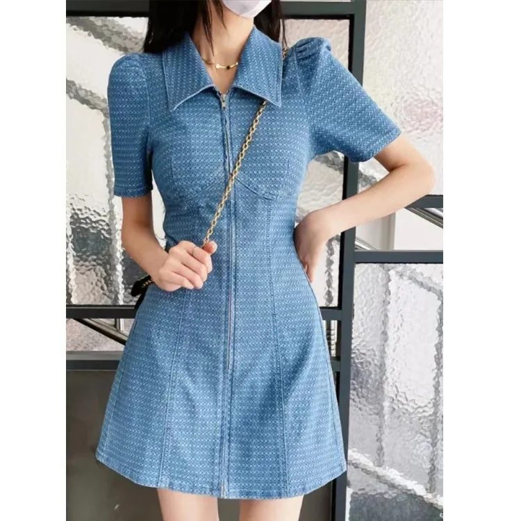 

Round Face Crisp 2022 Summer New Women's Clothing Trendy Cool Texture Thin Section Zipper Denim Treasure Dress Niche Temperament