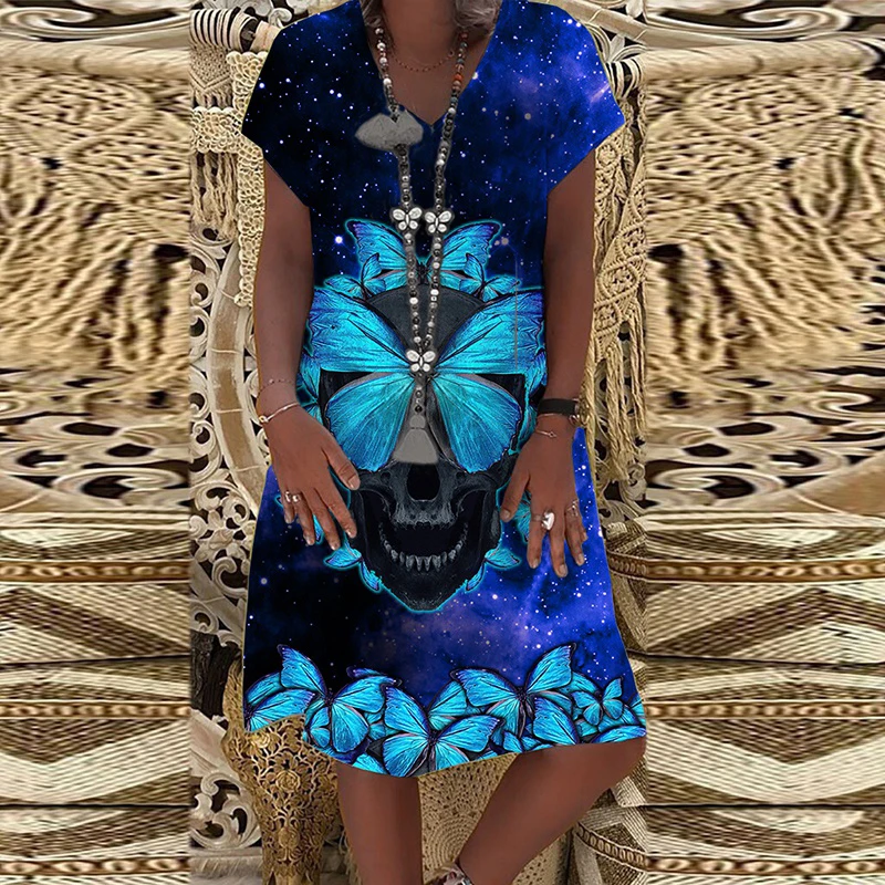 

Women Summer Fashion Butterfly Skull Printed Casual Loose Short Sleeve Dress Soft and Thin Plus Size V-Neck Dress for Summer
