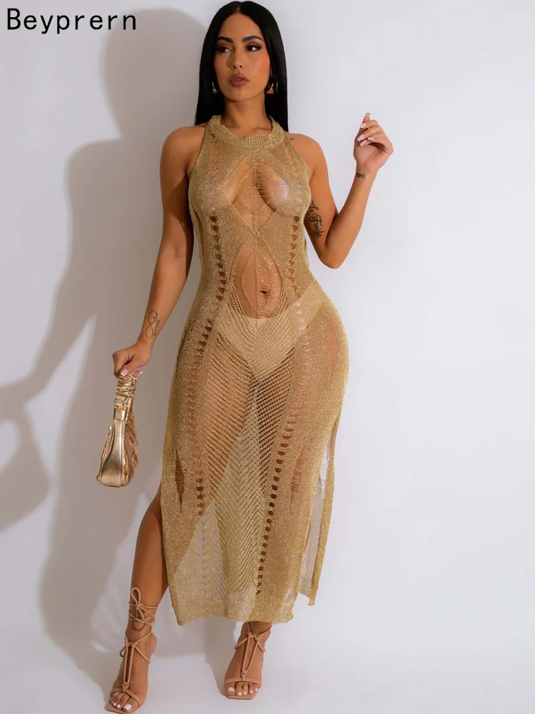 Beyprern женское вязаное платье макси с вырезами повседневная вязаная крючком