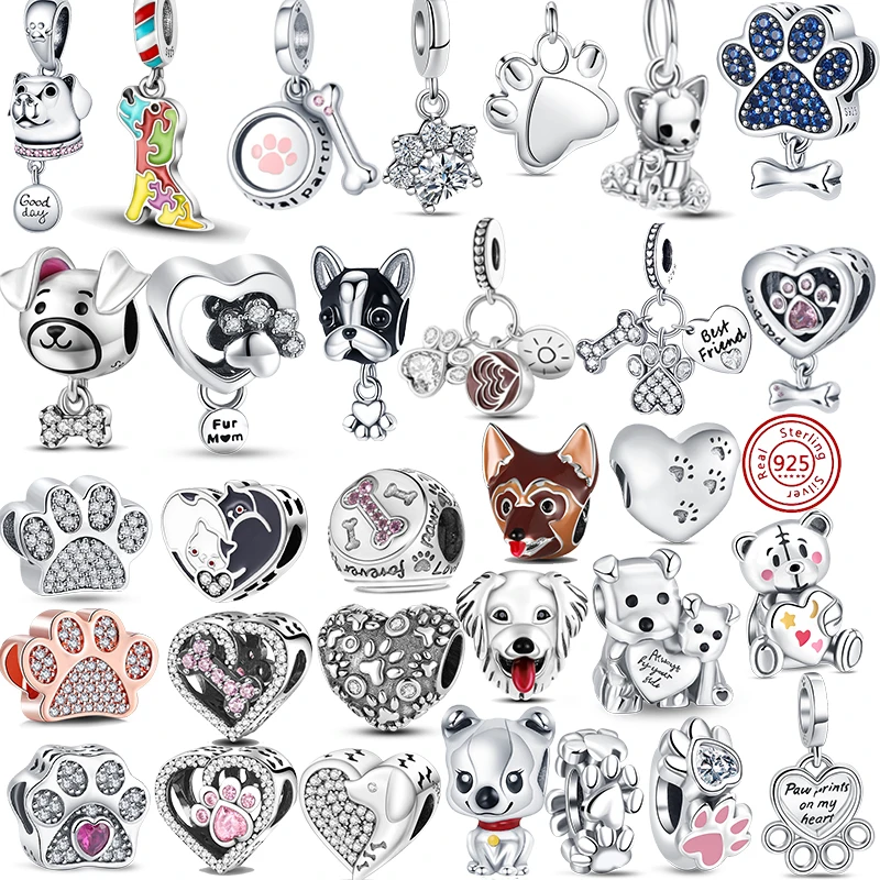 

New 925 Sterling Silver Pet Cat Dog Paw Bone Best Friend Pendant Pave Fine Beads Fit Original Pandora Charm Bracelet DIY Jewelry