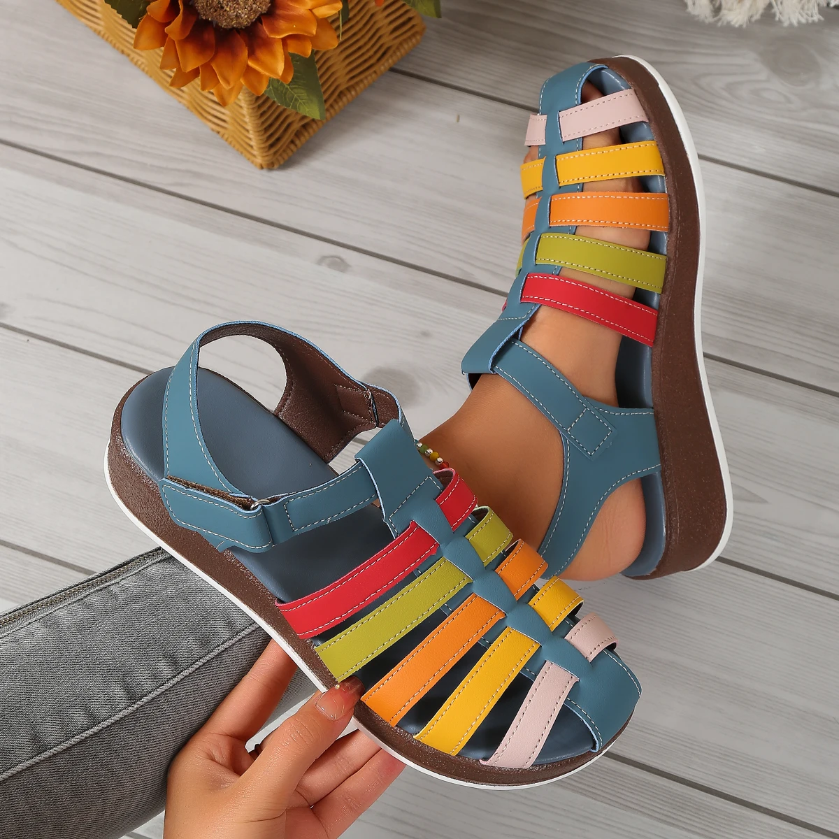 Colorful Strappy Sandals Woman Retro Wedge Gladiator Sandalias Ladies Summer Casual Platform Beach Shoes In Brown Blue