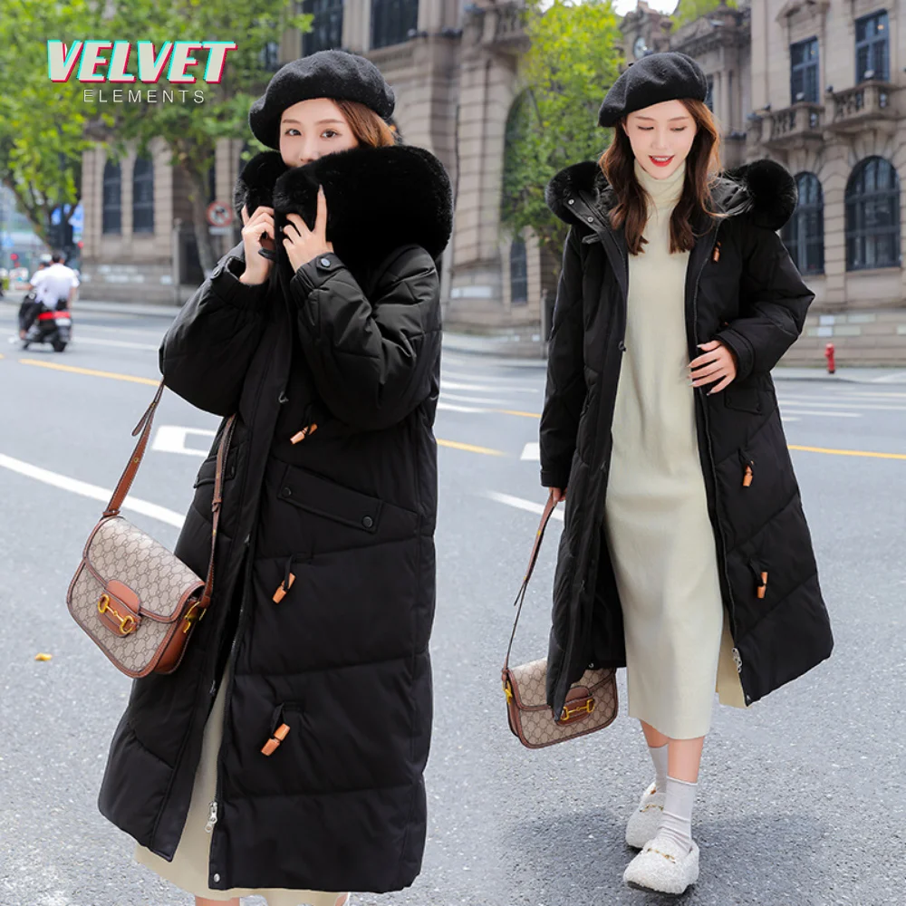 VelvetElement Winter Parkas Women Large Fur Collar Hooded X-Long Jacket Thickness Cotton Padded Overcoat -30 Degree Snow Outwear