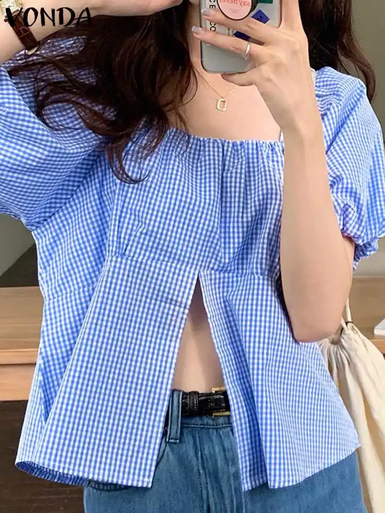 

VONDA Women Plaid Shirts 2023 Women Short Puff Sleeve Chemise Square Collar Blouse Blusas Female Tops Femininas