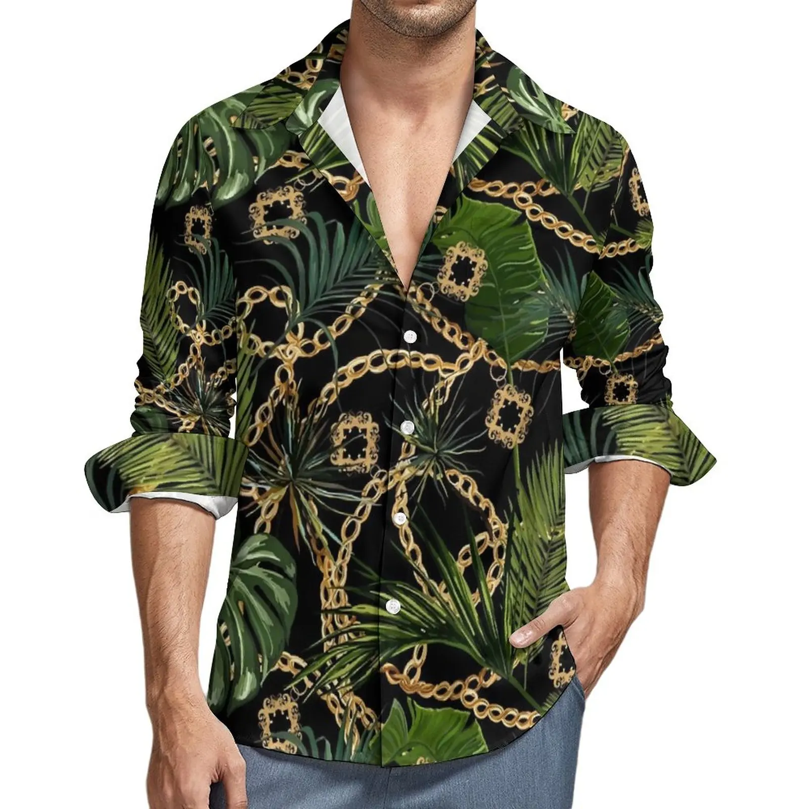 

Chain Print Shirt Autumn Tropical Leaves Casual Shirts Man Novelty Blouses Long Sleeve Design Street Clothing Plus Size