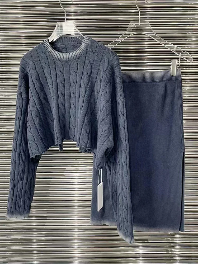 

Women Autumn Winter Knitting Outfits Long Sleeve O-Neck Crop Sweater Knitwear + Knit Midi Skirts Vintage Fashion Warm Elegant