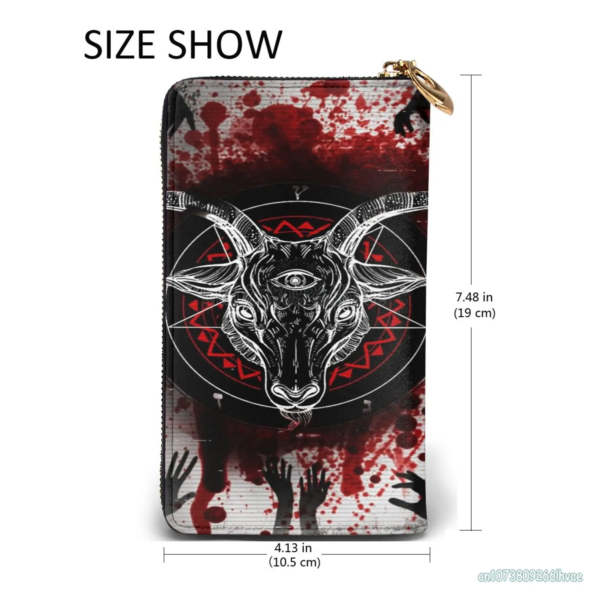 Pentagram with Demon Baphomet Satanic Goat Head Cowhide Leather Clutch Print Long Wallet Women Coin Purse Card Holder with Zip