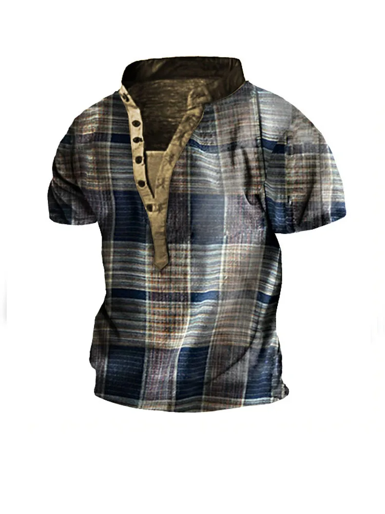 

Футболка мужская летняя с коротким рукавом, винтажный клетчатый Свободный пуловер с воротником-стойкой и принтом, повседневная одежда