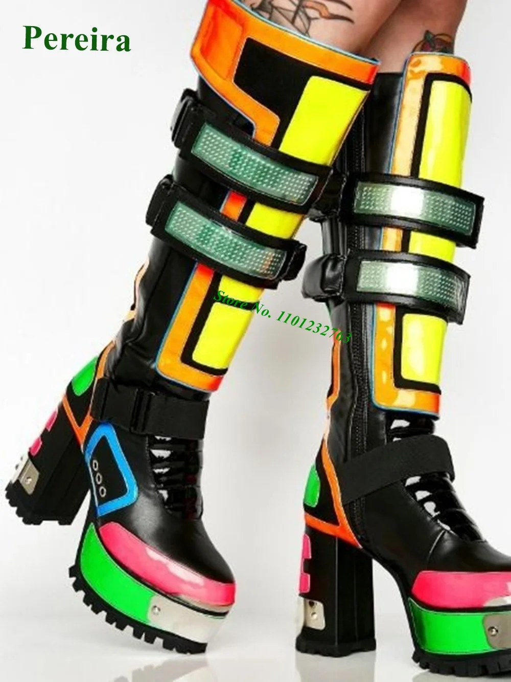 Colorblock Motorcycle Boots Round Toe Knee High Women Boots Cool Girls Metal Decor Chunky Heels Side Zip Sexy New Arrival 2022