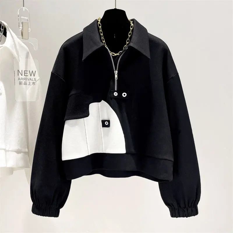 Fall 2023 Korean new PoLo neck semi-zip sweater women's long-sleeve  patchwork loose short versatile fashion  zip hoodie