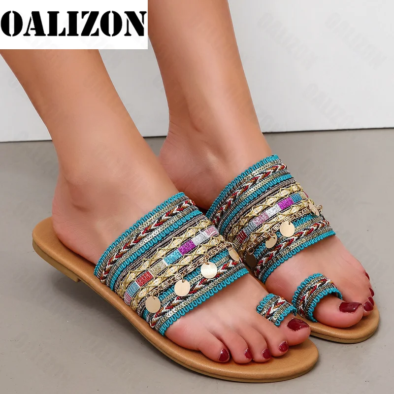 

Women Artisanal Sandals Beach Bling Flip Flops Bohemian Flats Slippers 2022 New Summer Fashion Women Shoes Casual Slides Zapatos