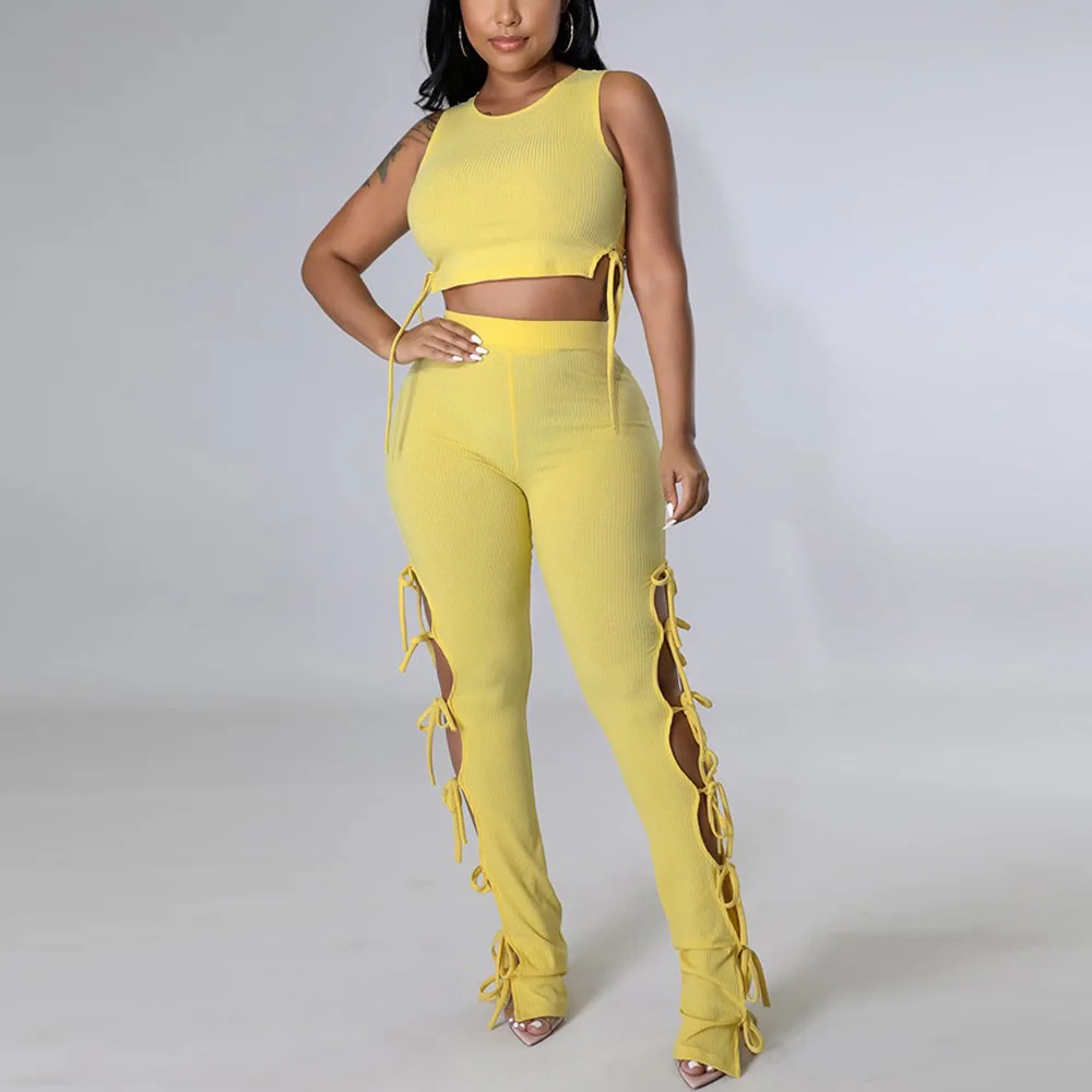 

Pants Sets Womens Outfits 2 Pieces Tops & Long Trousers Solid Fashion Sexy Hollow Out Evening Night Party Club Matching Sets Hot
