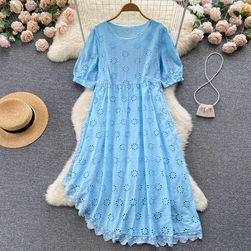 

VANOVICH Summer New French Sweet O-neck Puff Sleeve Loose Waist Dress Embroidery Hollow Out Irregular Solid Color A-line Dress