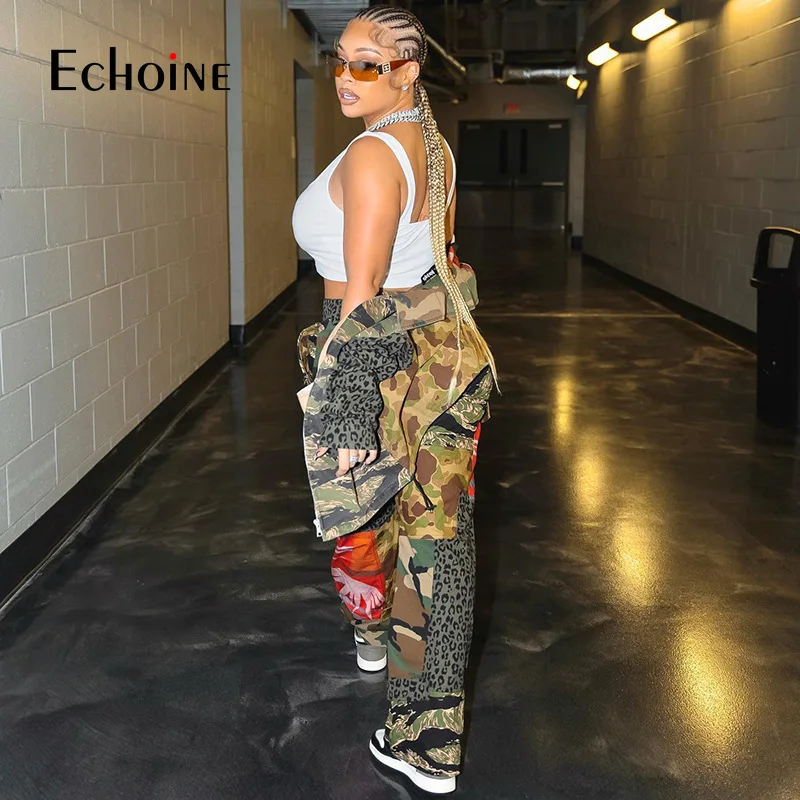 Осень 2022 женские камуфляжные брюки в стиле пэчворк с высокой талией прямые