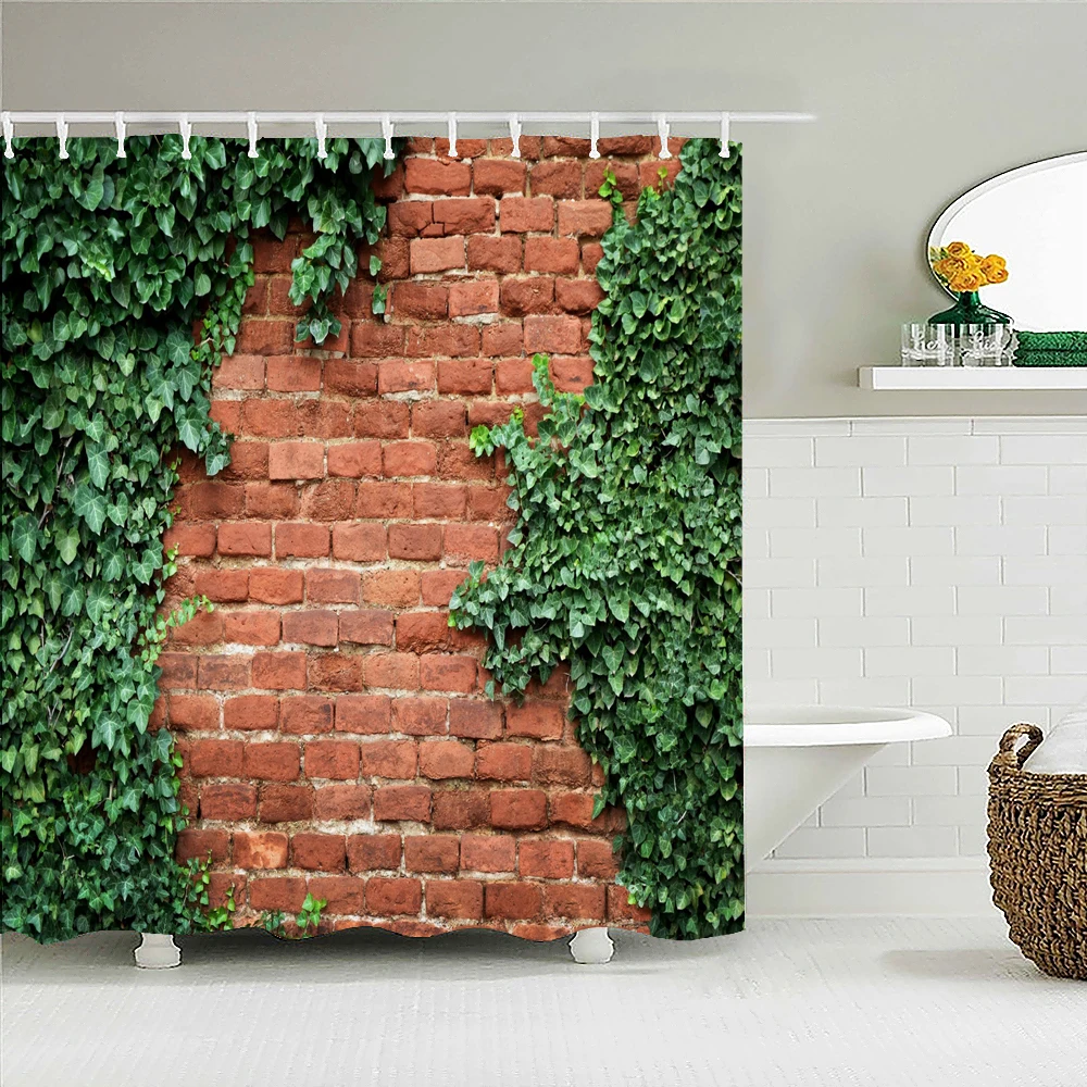 

Retro Old Brick Wall Plant Printing Fabric Waterproof Shower Curtain Bathroom Curtains Bathtub Decor Bath Screen with 12 Hooks