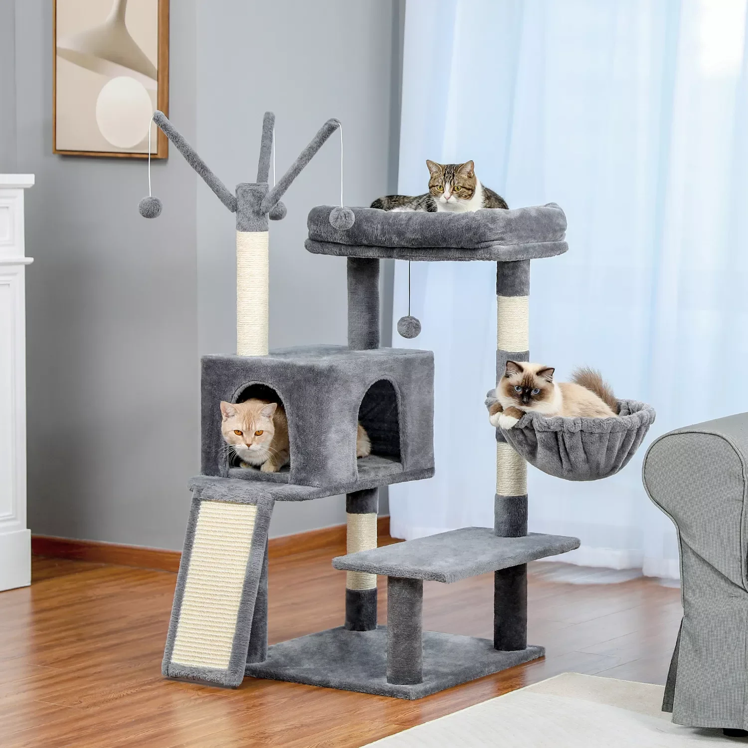 

Large Modern Cat Tree Tower Scratching Board Big Condo Soft Perch Hammock with Scratching Post Rotating Branches with Balls