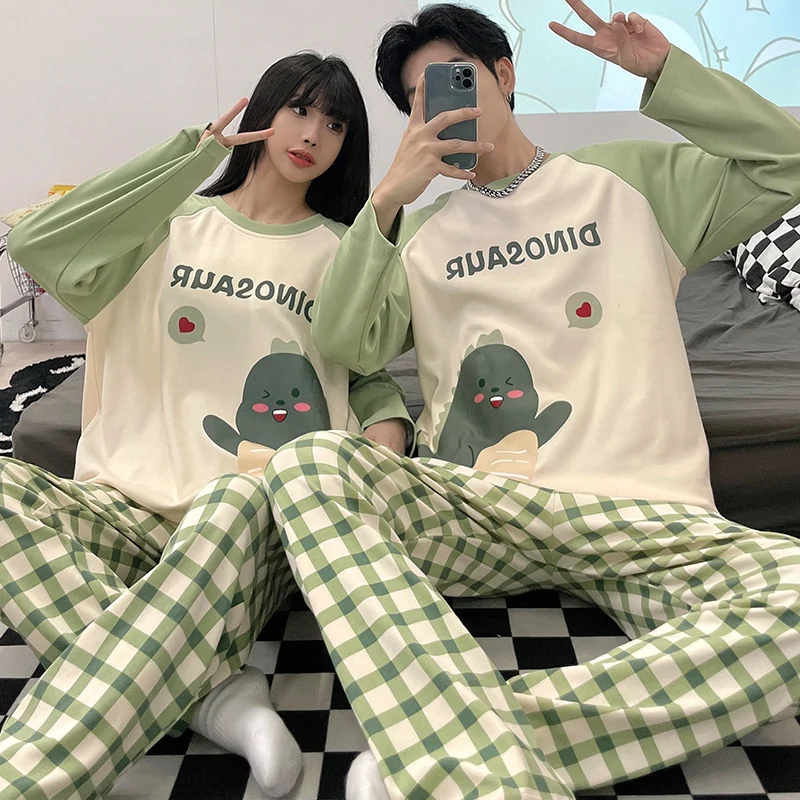 CAIYIER 2022 Cartoon Print Couple Sleepwear Suit Cotton O-Neck Leisure Women & Men Nightwear Cute Lovers Soft Winter Loungewear