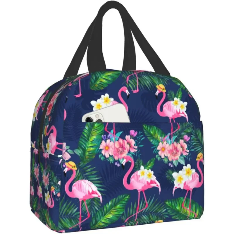 

Portable Lunch Bag Flamingos Insulated Lunch Box Reusable Cooler Tote Bag with Front Pocket for Women Men Work Picnic Travel