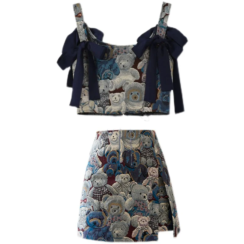 Women's Suits New Summer 2022 Korean Fashion Cute Little Bear Print Jacquard Crop Bow Suspender Tops High Waist Mini Skirts