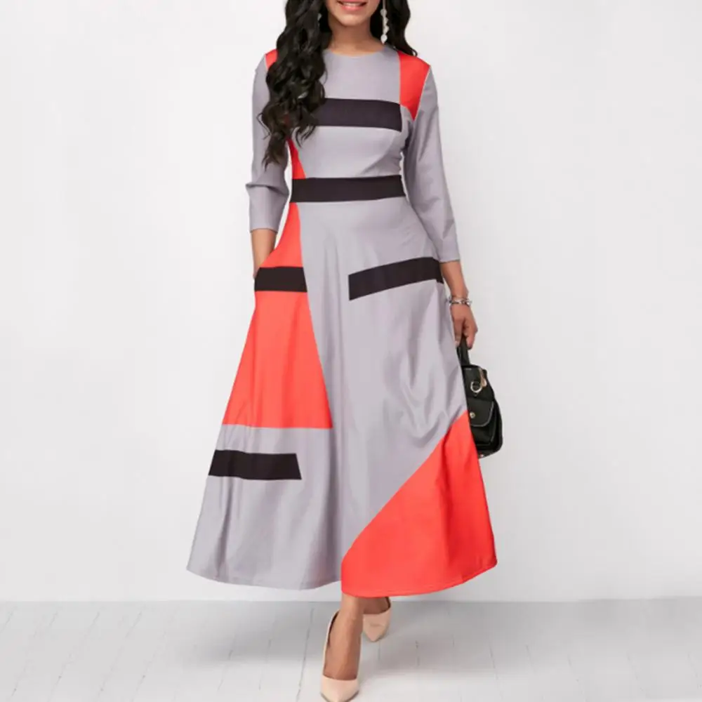 

Plus Size Fashion Women Color Block Striped 3/4 Sleeve O-Neck Slim Maxi Dress